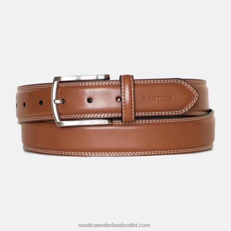dubbelgestikte leren riem bruine steen Nautica 0828F121 Heren