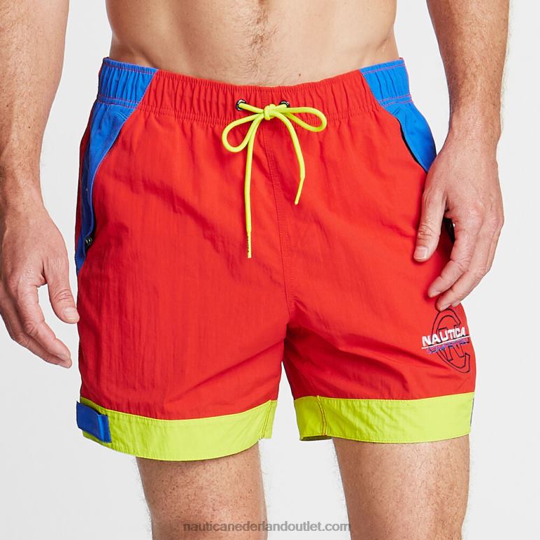 grote en lange wedstrijdzwembroek met kleurvlakken vuurrood Nautica 0828F726 Heren
