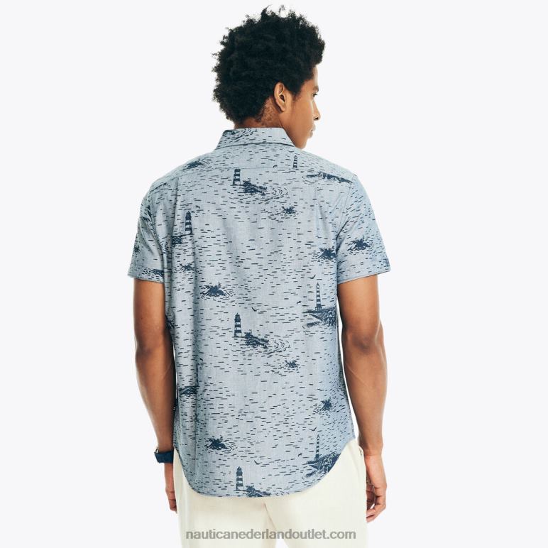 bedrukt chambray overhemd met korte mouwen lapisblauw Nautica 0828F484 Heren