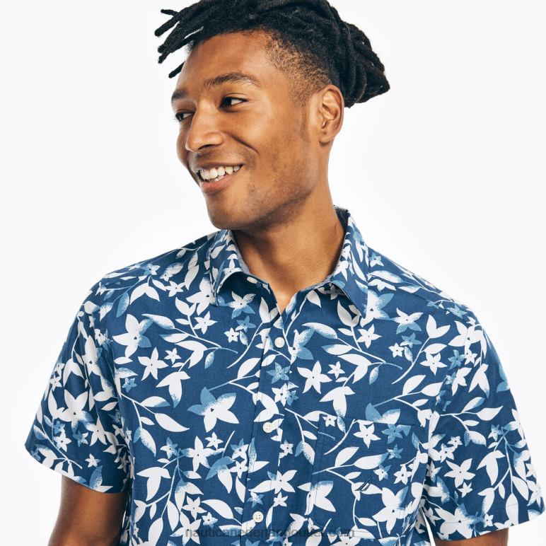 bedrukt popeline overhemd met korte mouwen landgoed blauw Nautica 0828F486 Heren