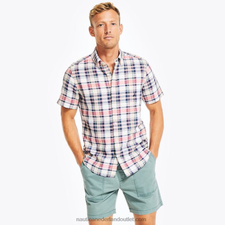 duurzaam vervaardigd geruit overhemd met korte mouwen zeil wit Nautica 0828F400 Heren