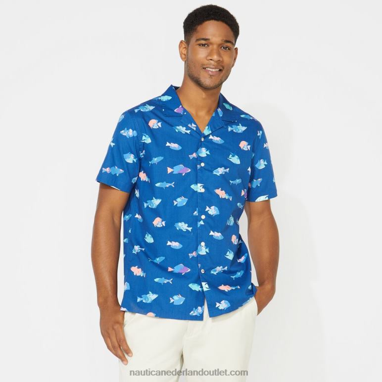 groot en lang klassiek fit kampshirt met print helder hemelsblauw Nautica 0828F725 Heren