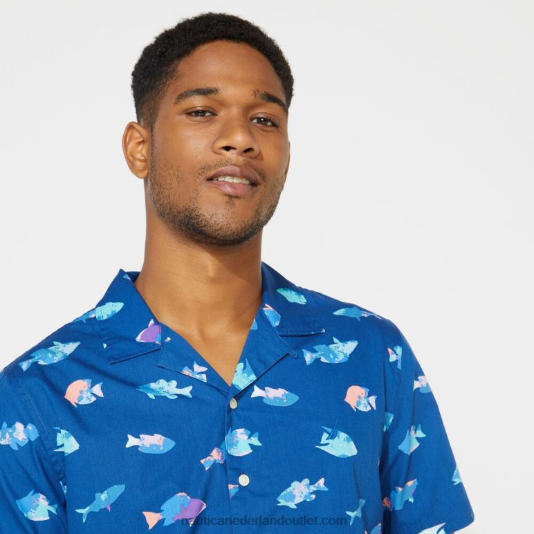 groot en lang klassiek fit kampshirt met print helder hemelsblauw Nautica 0828F725 Heren