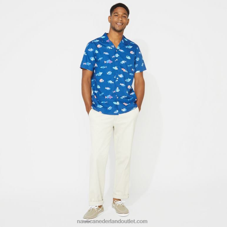 groot en lang klassiek fit kampshirt met print helder hemelsblauw Nautica 0828F725 Heren