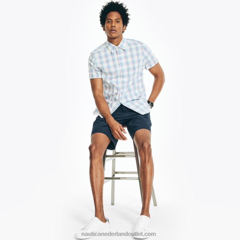 navtech trim fit geruit overhemd met korte mouwen Helder wit Nautica 0828F322 Heren