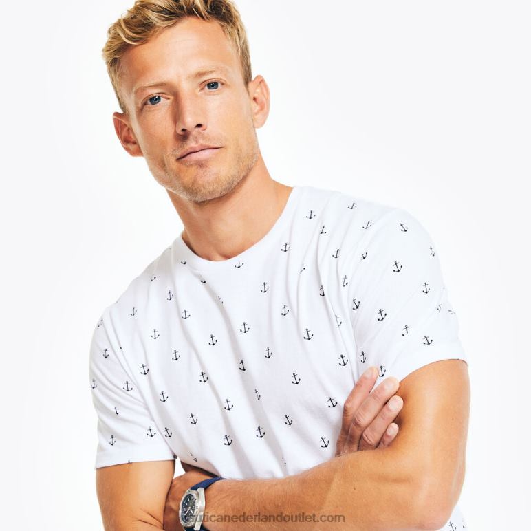 duurzaam vervaardigd T-shirt met ronde hals en print Helder wit Nautica 0828F45 Heren