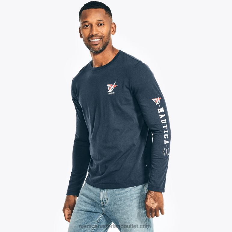 duurzaam vervaardigd grafisch T-shirt met lange mouwen stellaire blauwe heide Nautica 0828F230 Heren