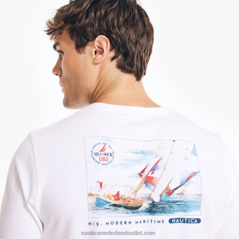 duurzaam vervaardigd grafisch T-shirt met lange mouwen zeil wit Nautica 0828F295 Heren