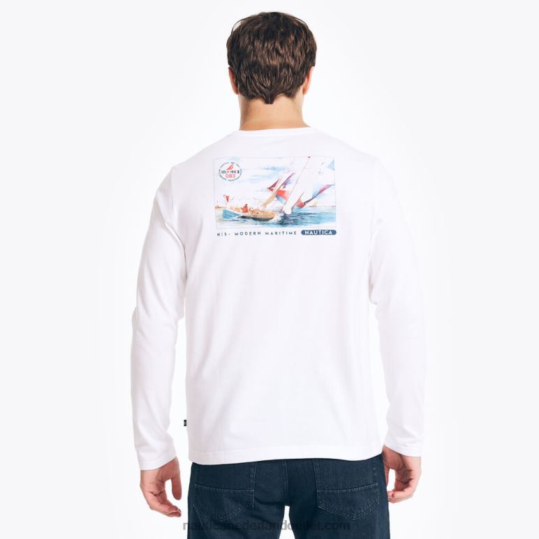 duurzaam vervaardigd grafisch T-shirt met lange mouwen zeil wit Nautica 0828F295 Heren