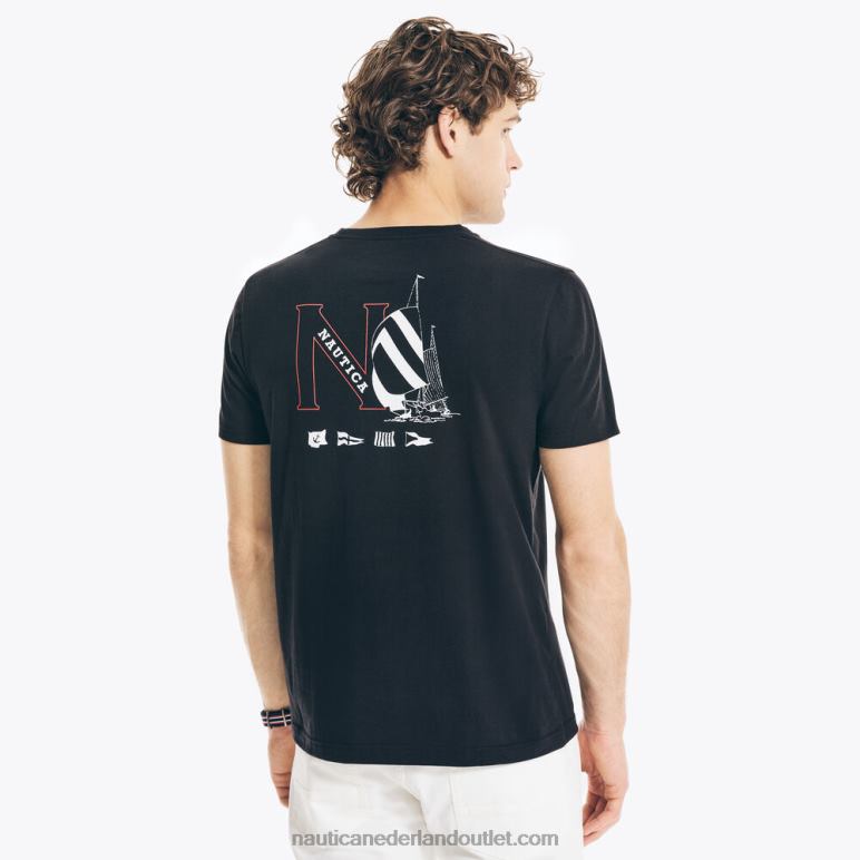 groot en lang, duurzaam vervaardigd T-shirt met grafische zeilboot echt zwart Nautica 0828F621 Heren
