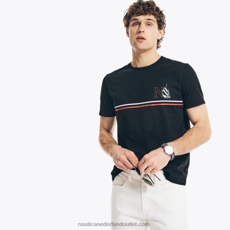 groot en lang, duurzaam vervaardigd T-shirt met grafische zeilboot echt zwart Nautica 0828F621 Heren