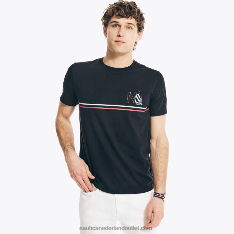 groot en lang, duurzaam vervaardigd T-shirt met grafische zeilboot echt zwart Nautica 0828F621 Heren