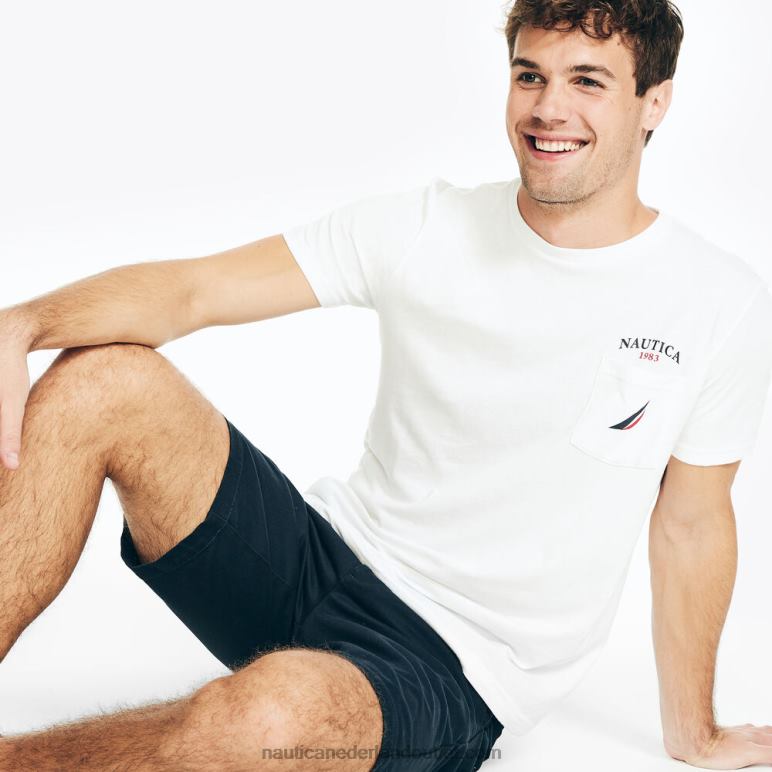 groot en lang duurzaam vervaardigd jachtclub-t-shirt met grafische zak Helder wit Nautica 0828F428 Heren