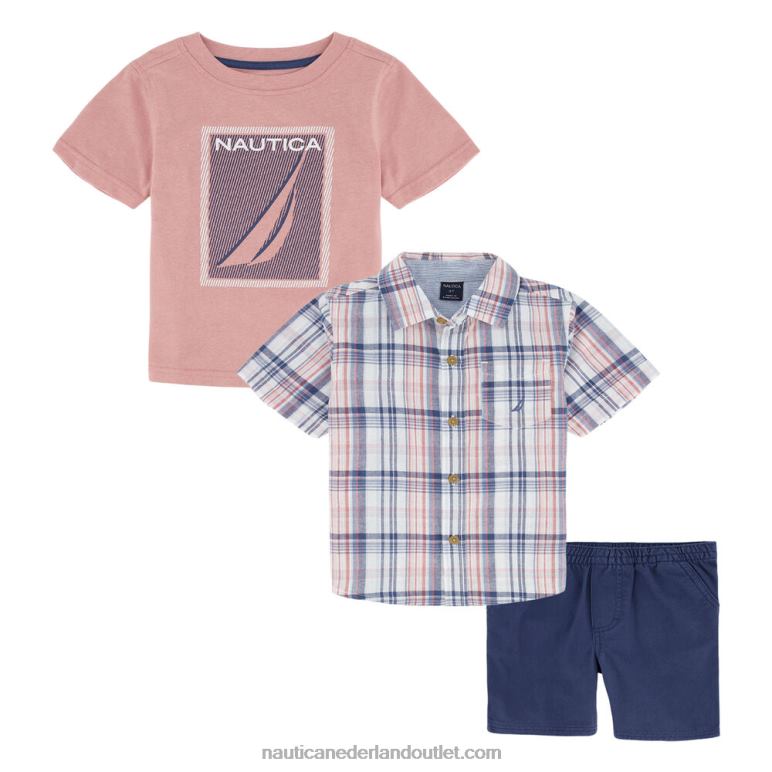 geruit hemd en t-shirt voor peuters, korte set van 3 stuks riggin rood Nautica 0828F1124