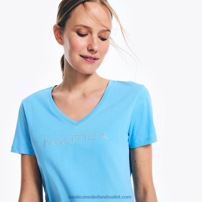 V-hals T-shirt met logo en studs azuur blauw Nautica 0828F744 vrouwen