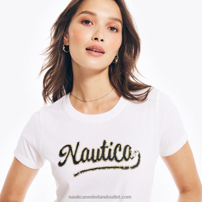 duurzaam vervaardigd T-shirt met logo en logo met lovertjes Helder wit Nautica 0828F1038 vrouwen